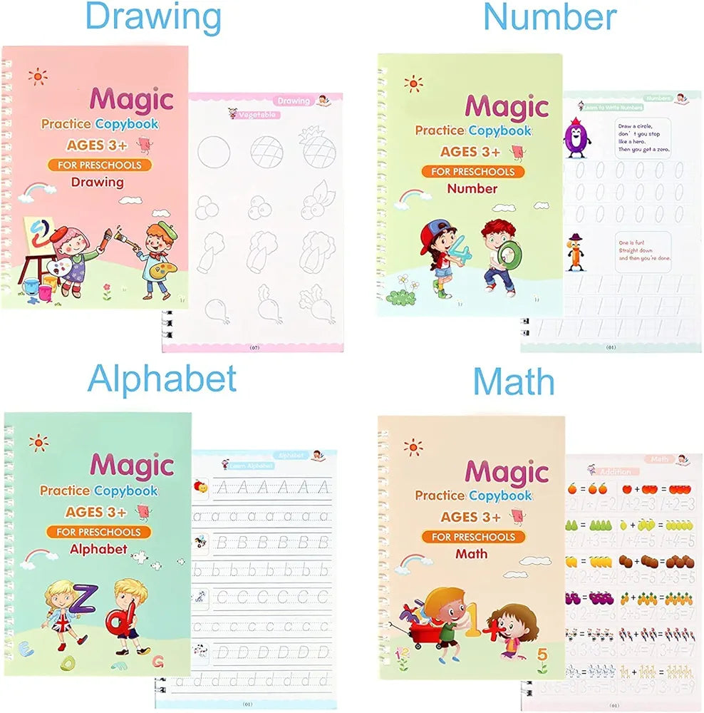 Magic Practice Copybook Set – 4 Books + Magic Pen + Refills (Zipmart)